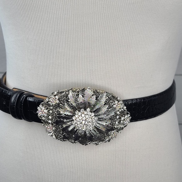 Lauren Hampton Accessories - Cowgirl Belt Rhinestone Buckle 36 Black Calfskin Leather Western Lauren Hampton